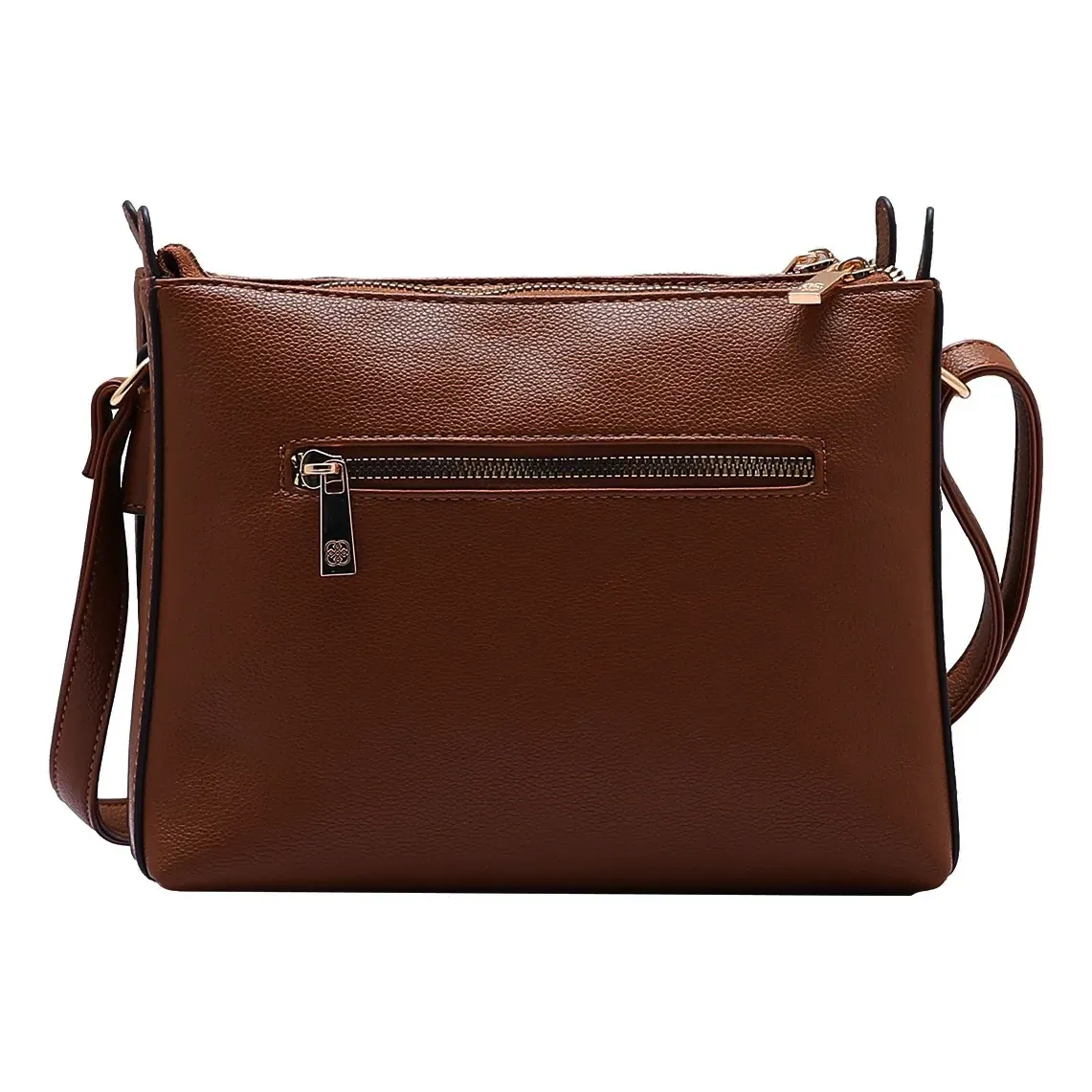 Vista traseira da bolsa feminina Chenson transversal cor café com bolso externo e zíper